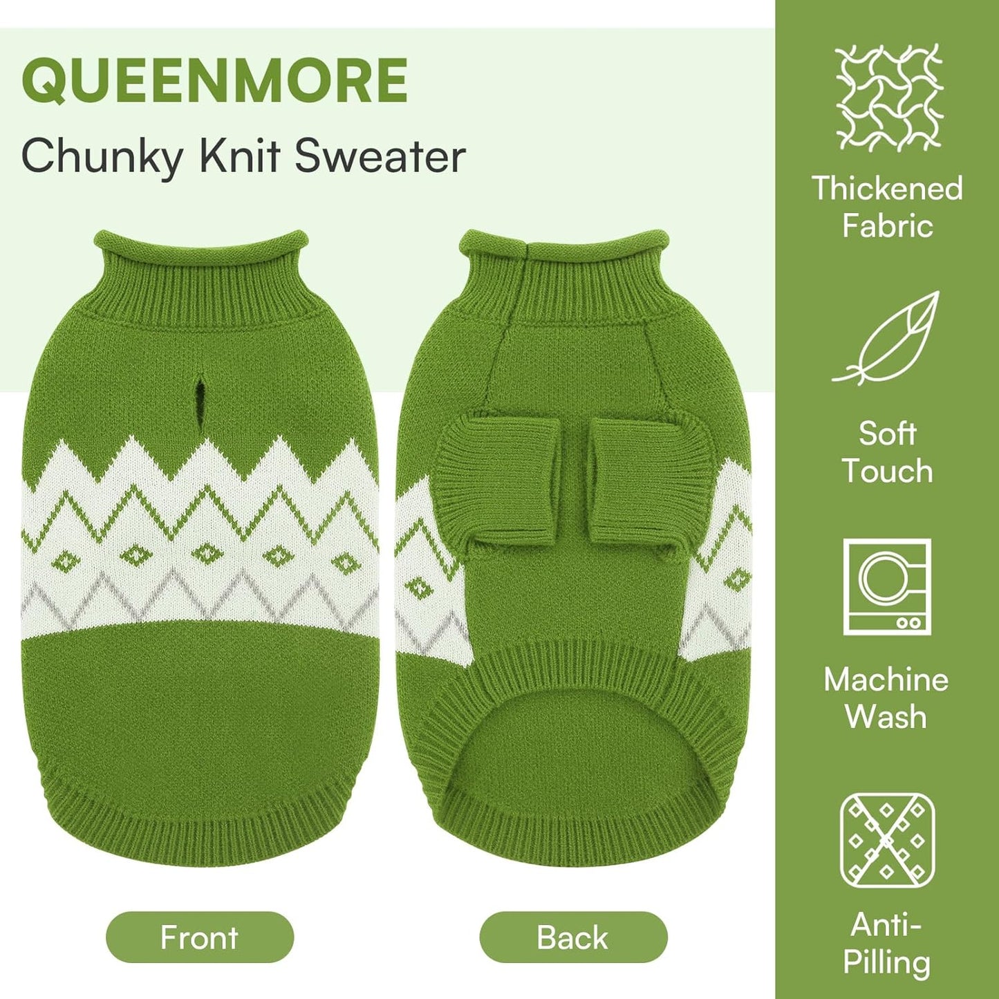 Warm Dog Sweater, Soft Pet Knitwear, Knitted Pullover, Winter Pet Clothes for Small Medium Dogs Cats Green
