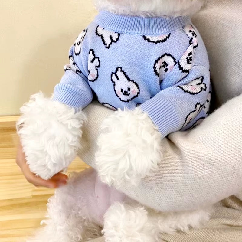 Blue Rabbit Dog Clothes Pet Knitted Sweater Autumn and Winter Clothes Teddy Cat Bottoming Shirt Puppy Warm Pullover XS-XL