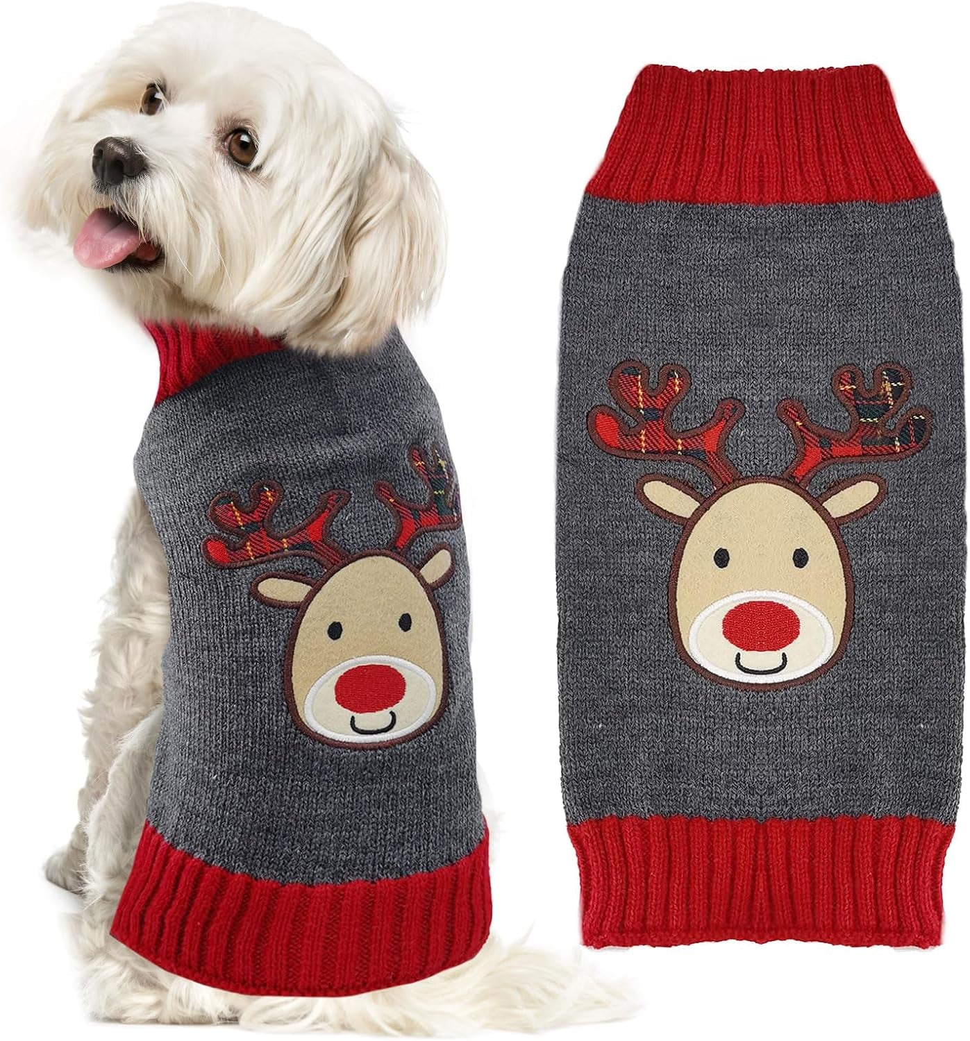 Dog Christmas Sweater Xmas Pet Clothes Cute Gray Reindeer Holiday Puppy Cat Costume New Year Gifts for Small Medium Large Dogs Jumpers (XXS, Gray Reindeer)